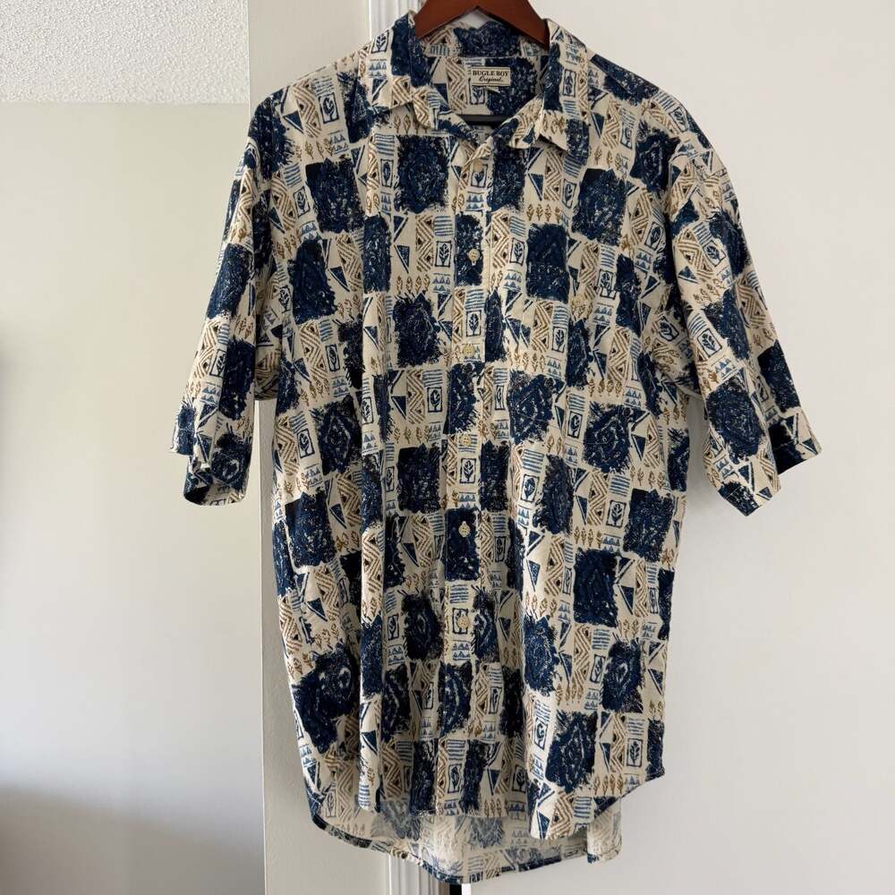 Vintage Bugle Boy Original, 100% Cotton Short Sleeve Button Down Shirt Size XL